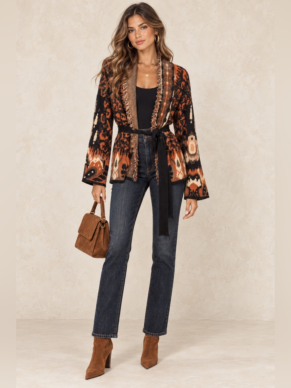 Made in Italy Knit Wrap Sweater Cardigan Animal Print Fringe Tie Waist Rust Boho
